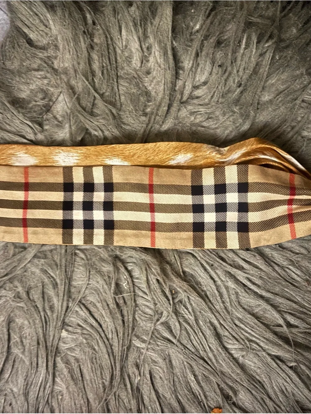 Burberry Beige Plaid Silk Scarf with Black & Red Accents